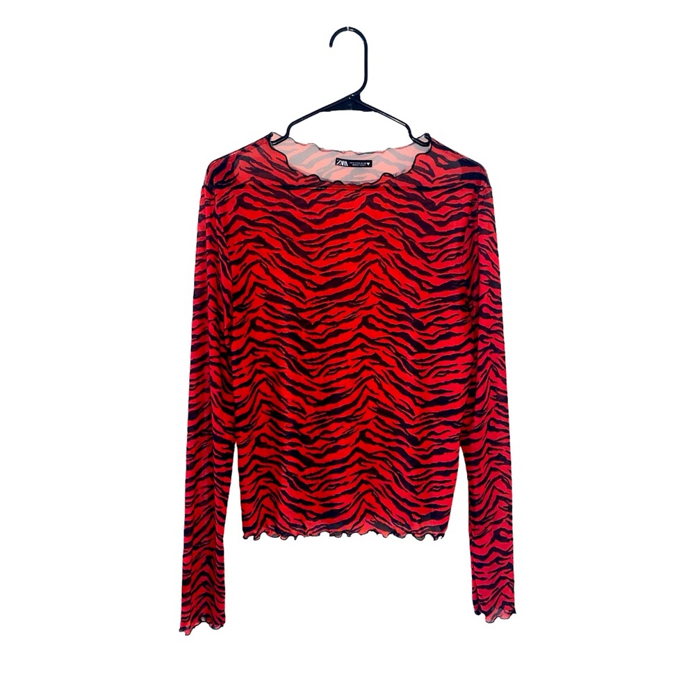 Red & Black zebra print semisheer mesh long sleeve lettuce sleeve zara top